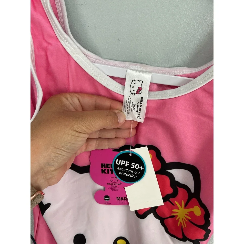 Hello Kitty Girls One Piece Swimsuit Pink Hibiscus Graphic UPF 50+ L 10-12